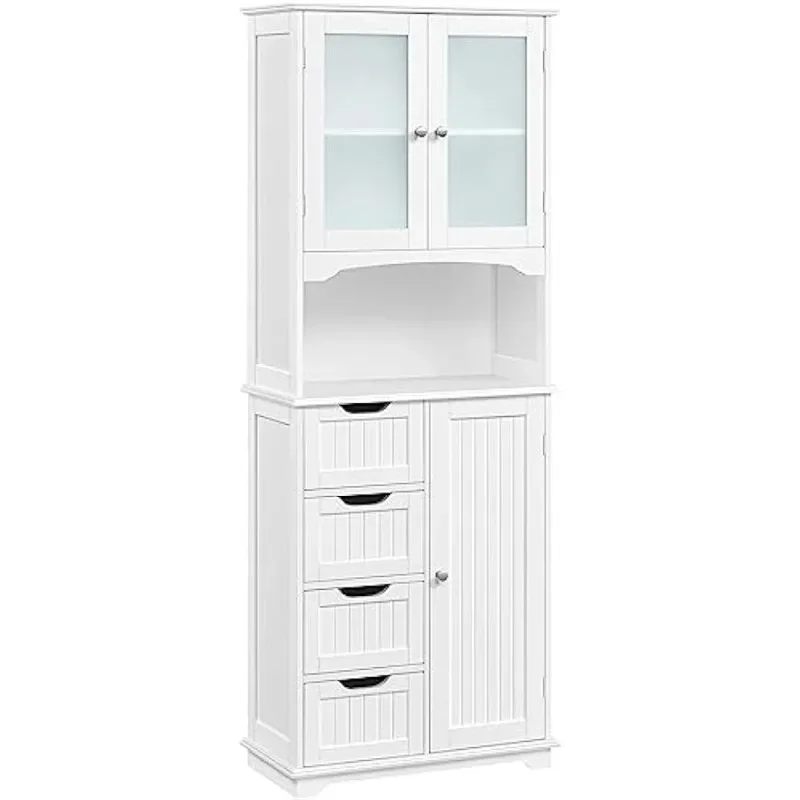 Tall Storage Cabinet with Glass Door, Bathroom Floor Cabinet 65.5″, Kitchen Pantry Storage Cabinet with Open Compartment