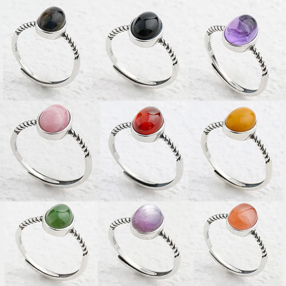 

925 sterling silver women ring natural colored gemstones, agate/jade/amethyst/garnet/Pietersite/Rhodochrosite, Daily jewelry