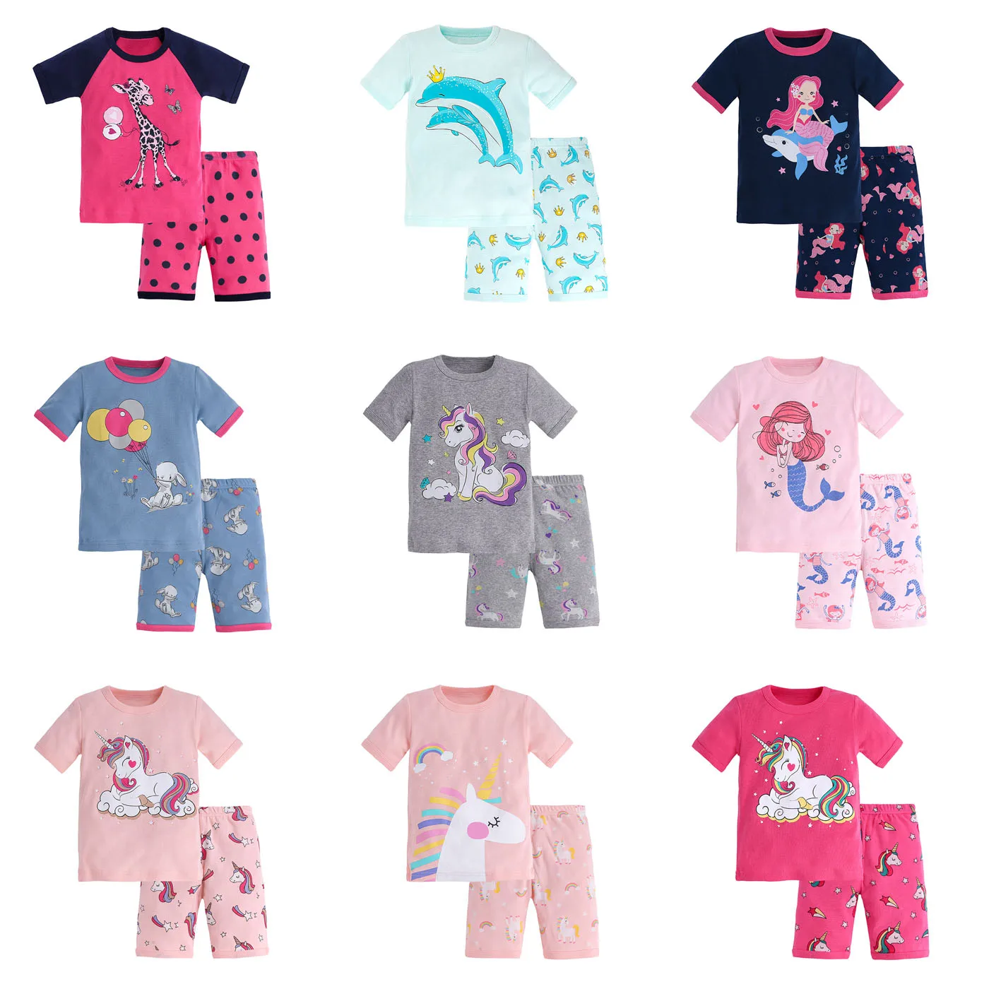 

Twinset Girls T-Shirt Short Trousers Suit Contton Pajamas Outfit Kids Print Giraffe Rabbit Horse Dolphin Mermaid Child Ensemble