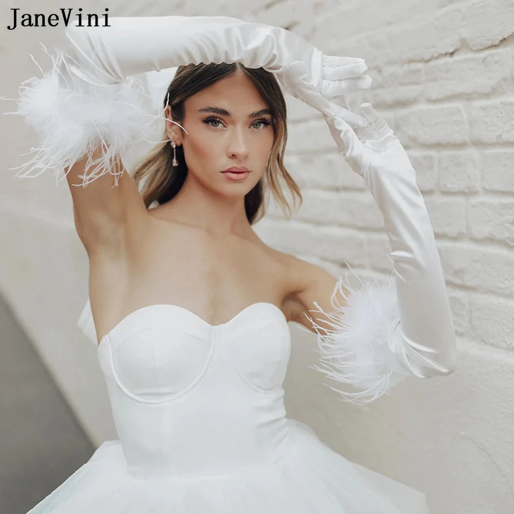 JaneVini 2023 White Feathers Long Bridal Gloves Women Satin 55cm Long Bride Wedding Gloves Arm Length Lange Handschoenen Dames