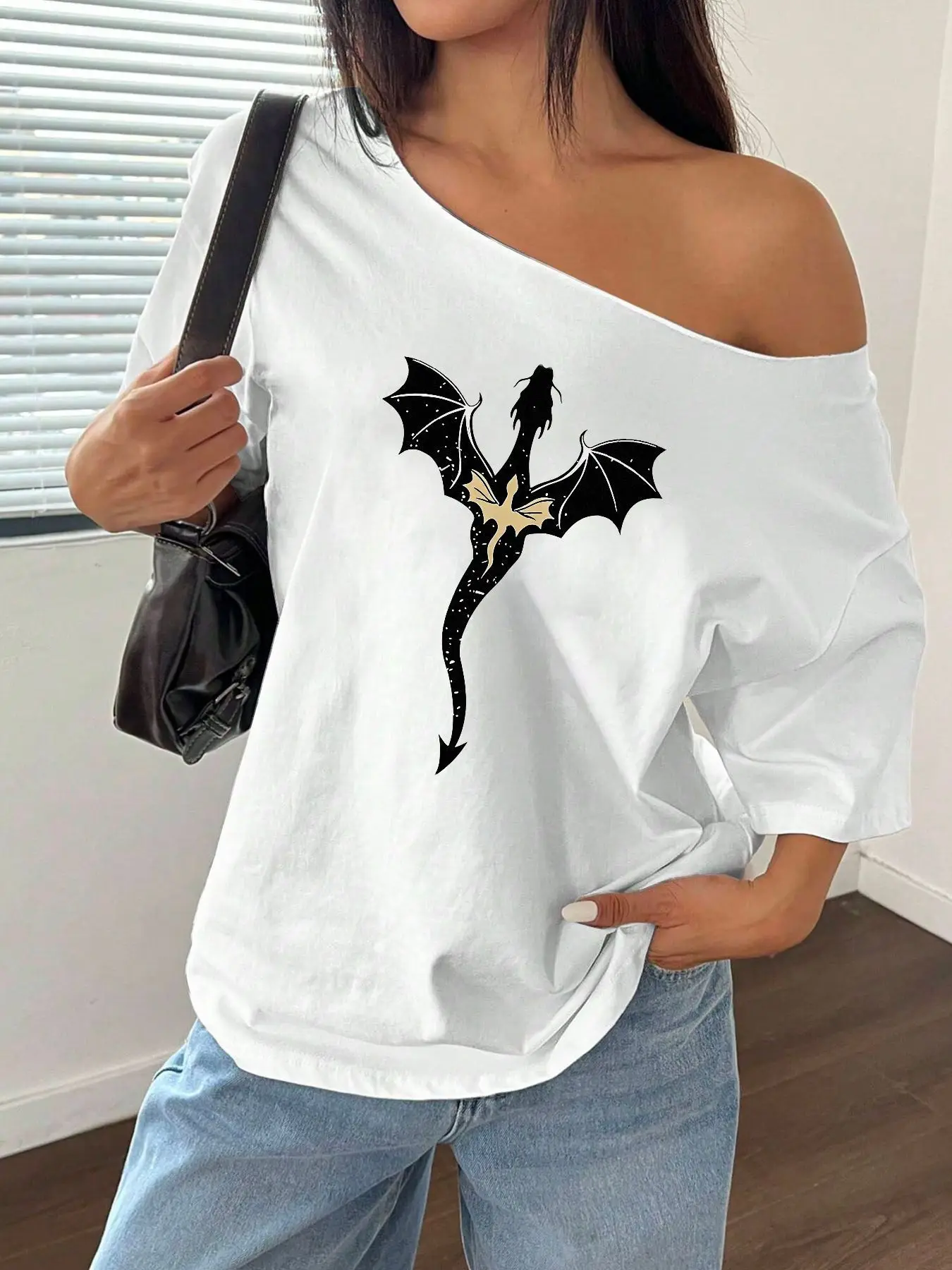 100% Cotton Plus Size Dragon Pattern Shoulder Loose Print T-Shirt Oversized Y2K Style Graphic Tees Women Tops Summer Off The