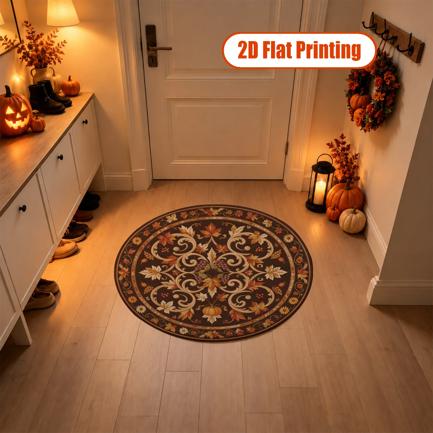 Autumn Maple Leaves Pumpkin Grape Pattern Round Area Rug Velvet Machine Washable Soft Floor Mat for Living Room Dining Room Entryway Ideal for Halloween Thanksgiving Christmas New Year Holiday Decor