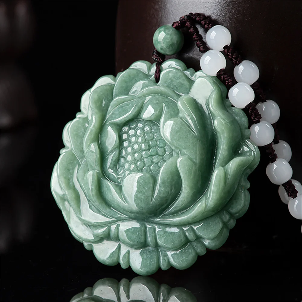 

Natural Green Jadeite Carved Exquisite Peony Flower Lucky Pendant Amulet Necklace Certificate Luxury Jade Gift Jewelry
