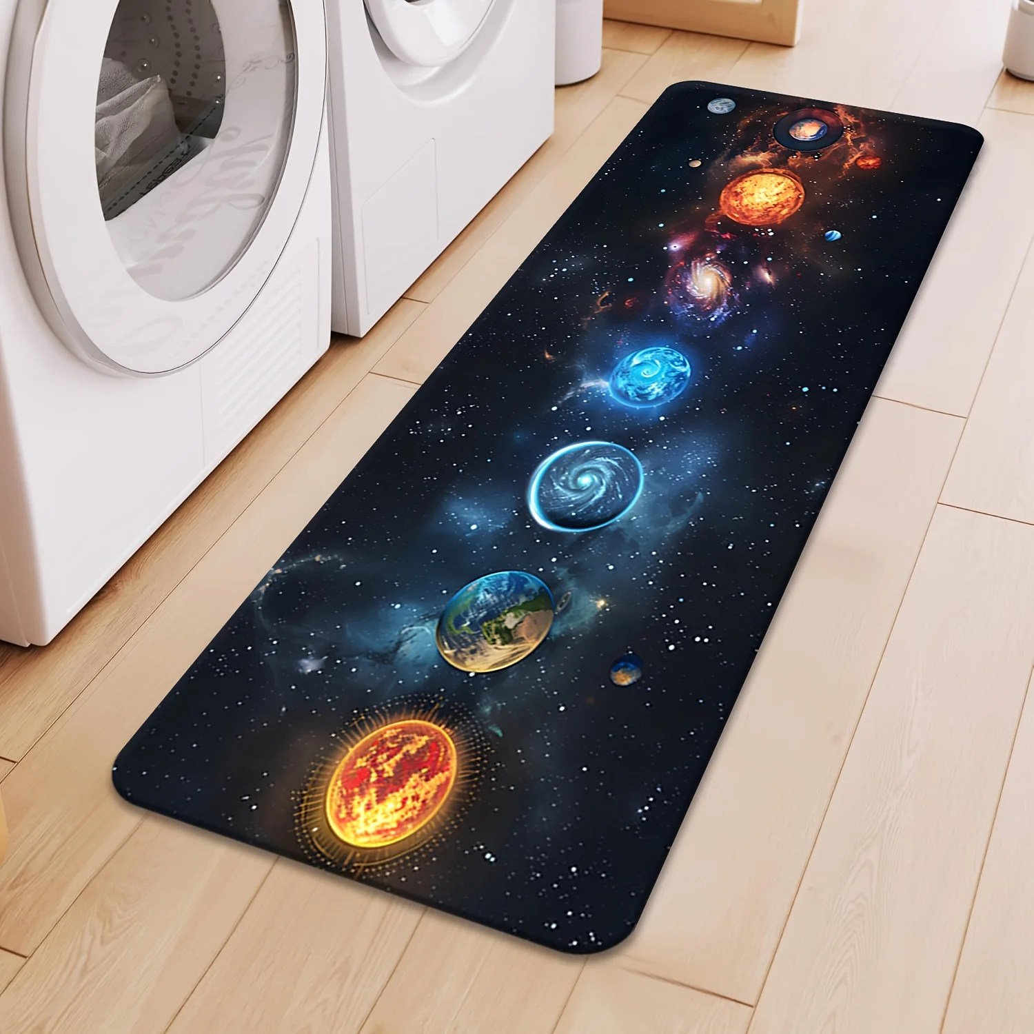 A Soft 100% Polyester Mat with a Space Galaxy Design Featuring Planetary Patterns, Suitable for Laundry Rooms And Kitchens. It