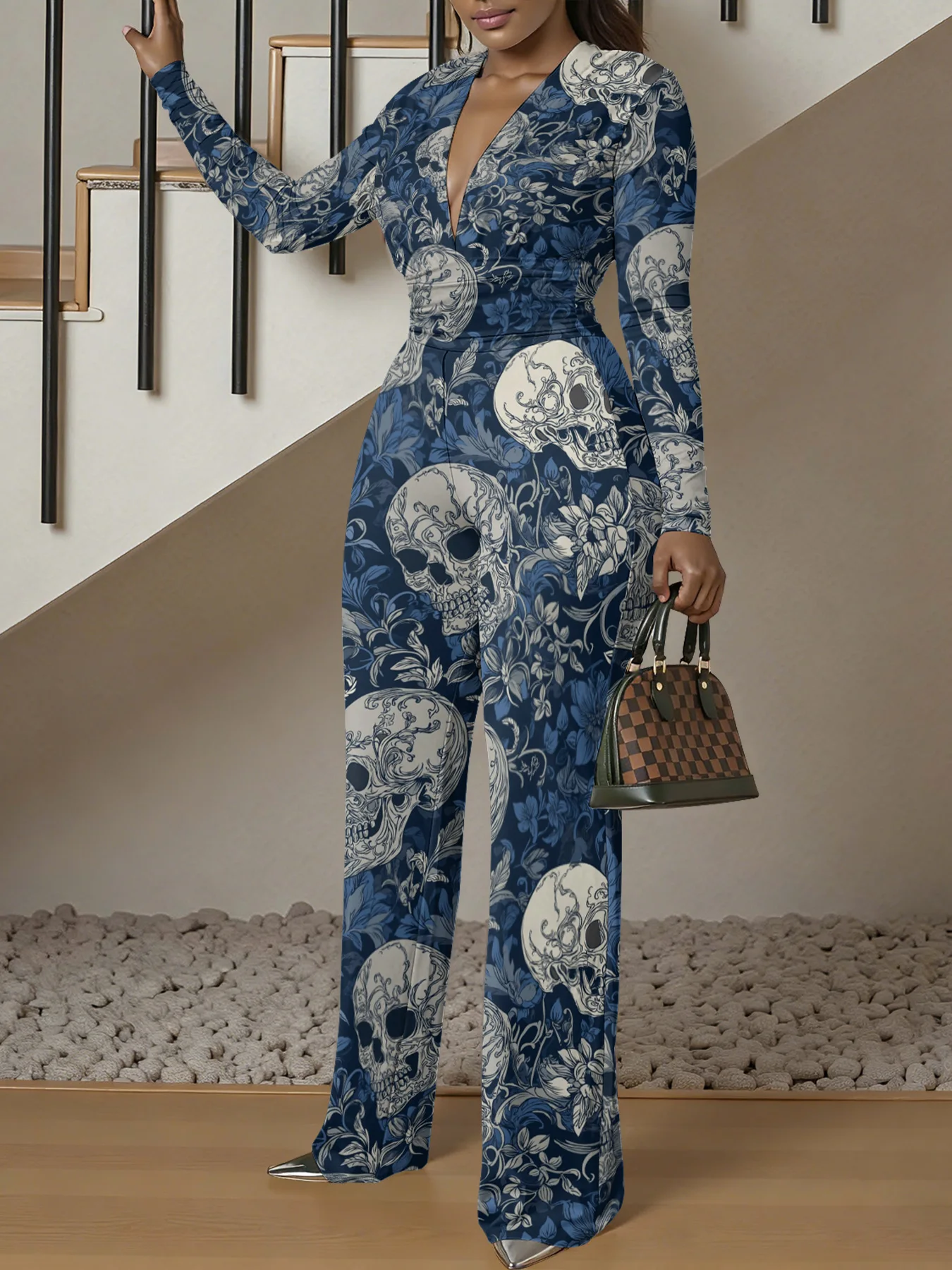 V-neck Long Sleeve Bodycon Jumpsuit autum Women Stretchy One-Piece Bodysuit spring Luxury Streetwear Beach Party Girl