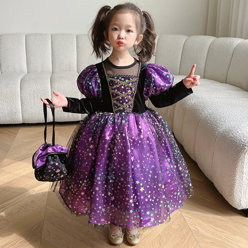 Luxury Winter Halloween Girls Purple Witch Costume Kids Shining Star Tulle Princess Masquerade Birthday Party Dresses with Props