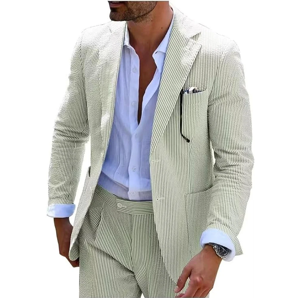 Summer Men Suits 2 Pieces Seersucker Notched Lapel Wedding Party Suit Jacket Pants Casual 2 Button Slim Fit Suits for Men