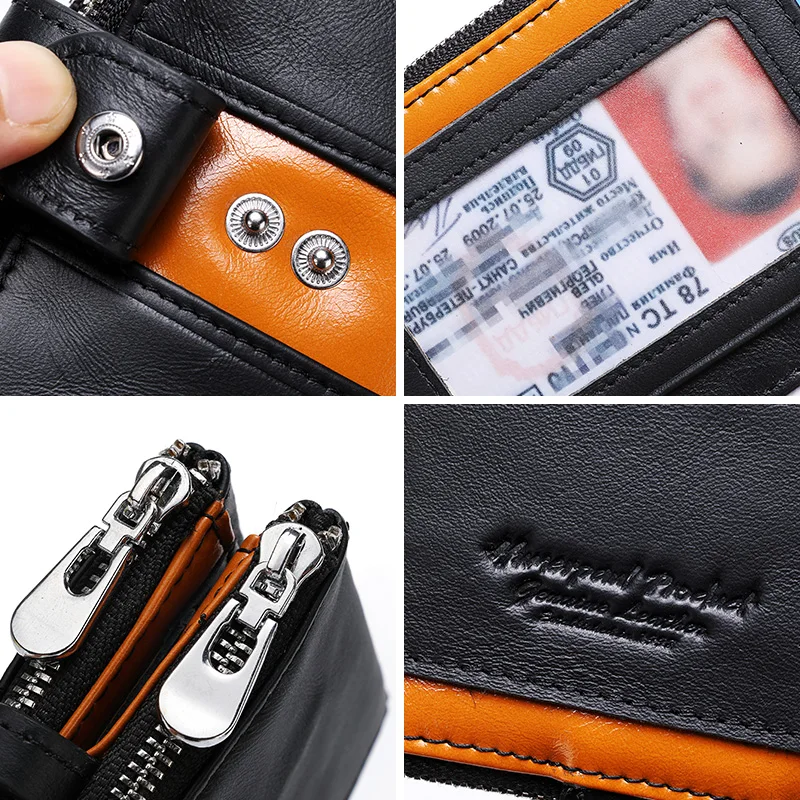 Genuine Leather Wallet for Men Original  Luxury RFID Card Holder with Zipper Coin Purse Anti-theft Chian PORTFOLIO Portomonee