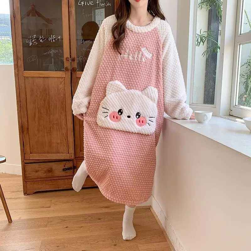 

Женские пижамы, домашняя одежда, большие размеры, ночная рубашка из кораллового флиса, пушистая теплая зимняя одежда для сна с длинными рукавами для женщин, большие размеры