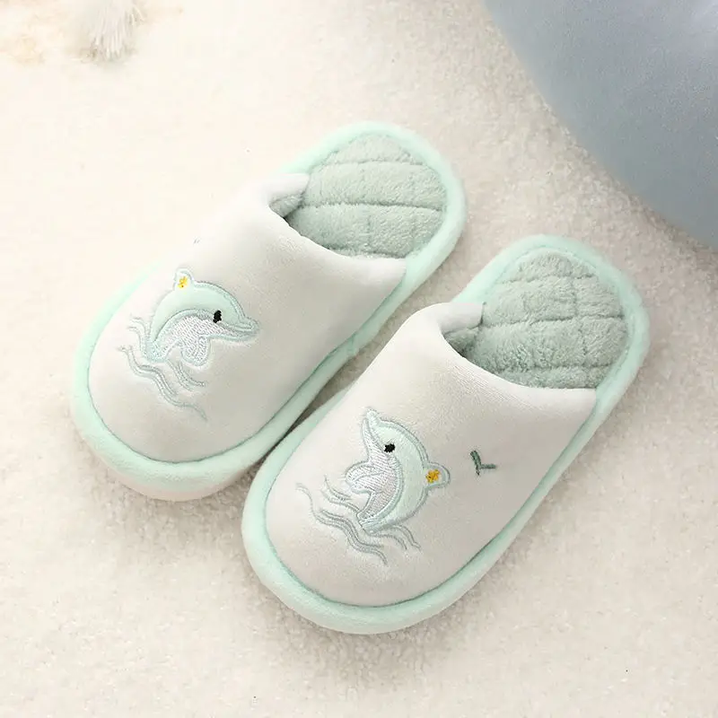 Dolphin Embroidery Children Slippers Autumn Winter Cotton Warm Thick Fluffy Slippers Comfort Non-Slip Home Indoor Furry Shoes