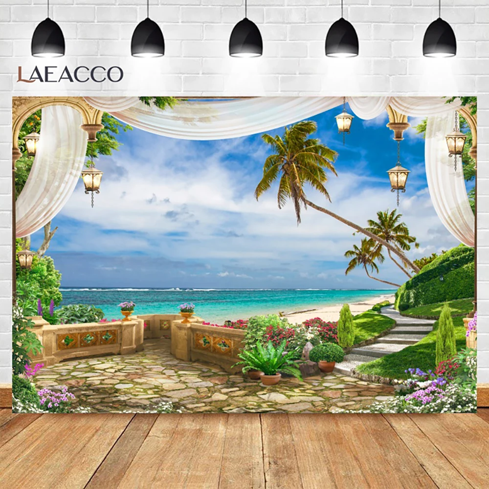 خلفية شاطئ استوائية صيفية ، منظر بحر النوافذ ، أشجار جوز الهند ، أوراق النخيل ، العطلات ، خلفية المالديف ، مستلزمات استوديو الصور