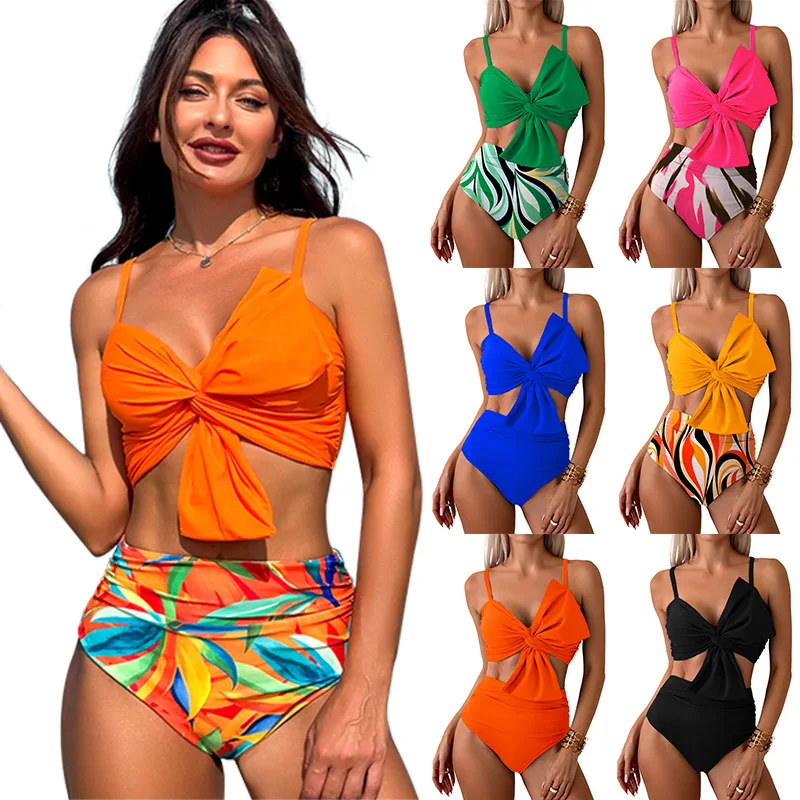 

2025 Popular Cross Bikinis Set for Woman Bow Bandeau Swimwear High Waist Printed Bikini Adjustable Strapy Bathing Suit Biquini