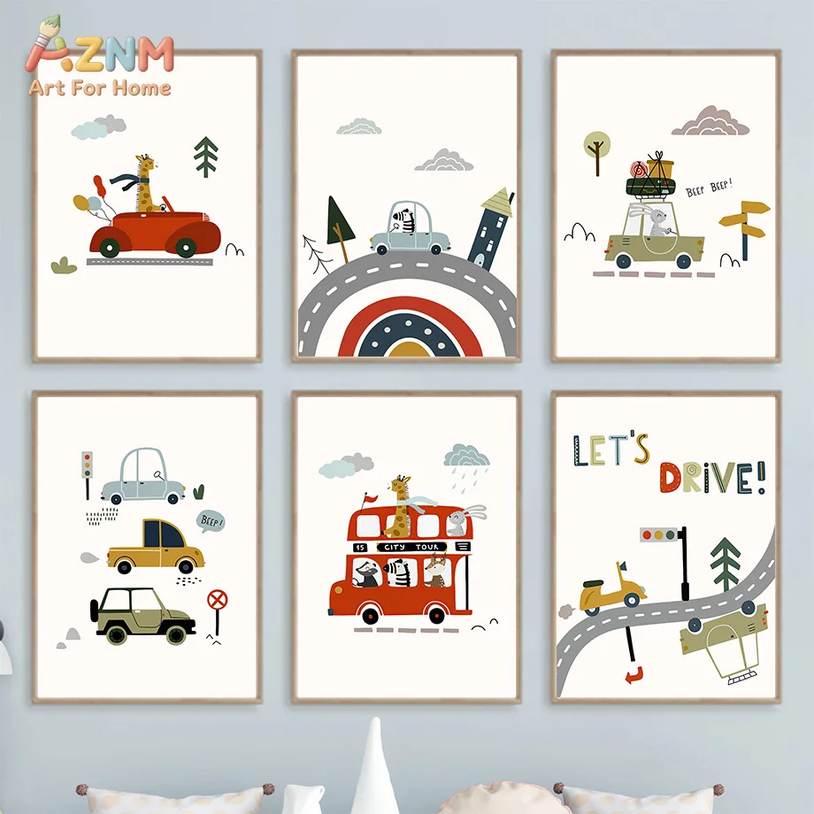 AZNM Cartoon Car Bus Animal Canvas Print Cute Traffic Vehicle Unframed Canvas Wall Art Boys Nursery Kids Bedroom Decor Painting