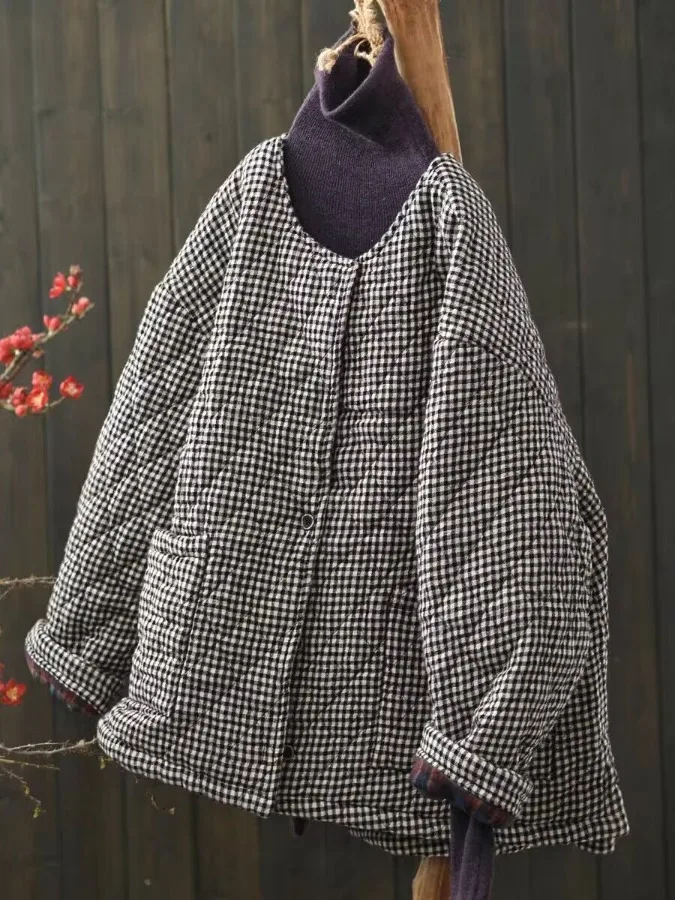 Damski luźny płaszcz zimowy z bawełny Thiened, ciepły, okrągły dekolt, odzież z bawełny, retro, długi, zapinany na guziki, odzież wierzchnia.