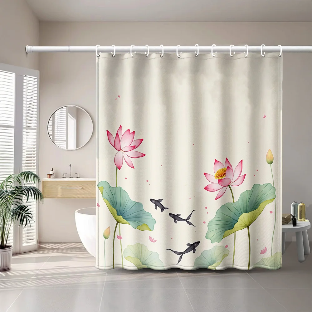

Занавеска для душа с изображением лотоса и рыбок, с розовыми цветами и зелеными листьями, для декора ванной комнаты в стиле дзен, художественный стиль, простой в уходе.