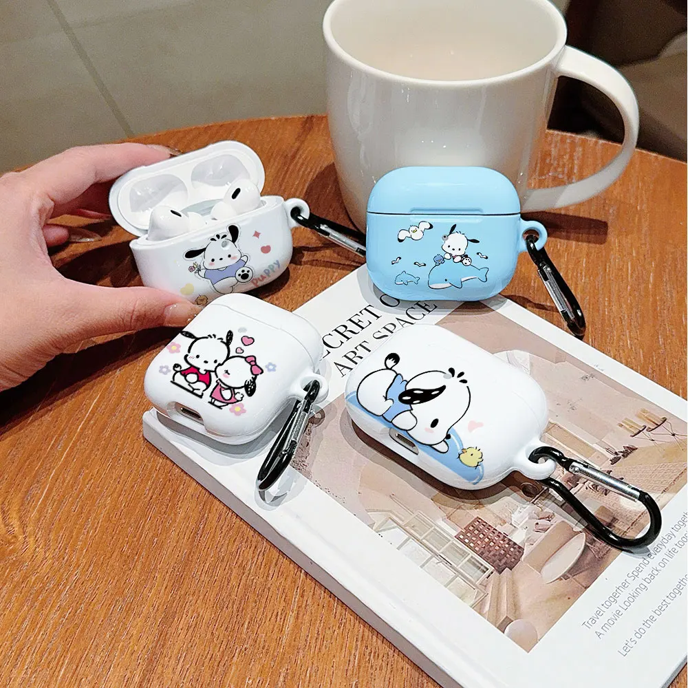 Cute Anime Pochacco Shockproof Protective Glossy HD Hard PC Earphone Cover Case For AirPods 1 2 3 Pro Pro2 with Metal Hook