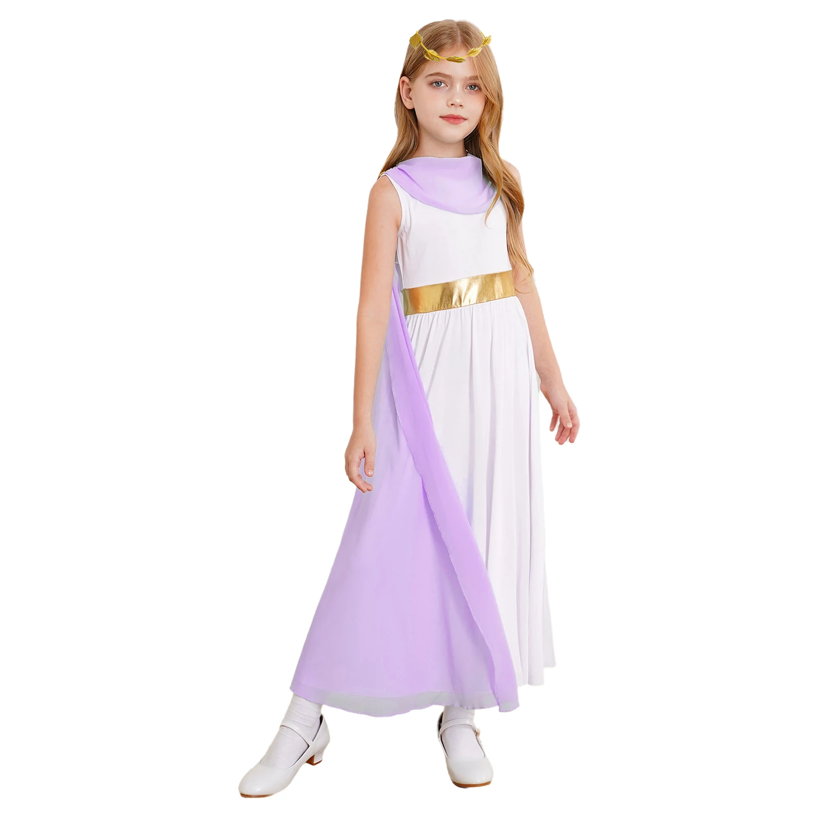 Girls Halloween Greek Roman Toga Princess Dress Cosplay Robe Ancient Greek Costume Modern Dancewear with Head Wreath Show Outfit