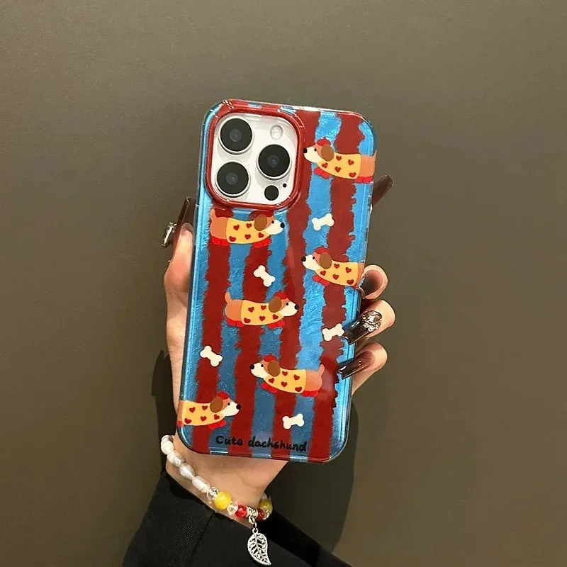 Whirlpool Pattern Red Blue Contrasting Sausage Dog Case For iPhone 16 15 Pro Max 14 13 12 11 XS XR X SE 7 8 Plus Silicone Cover