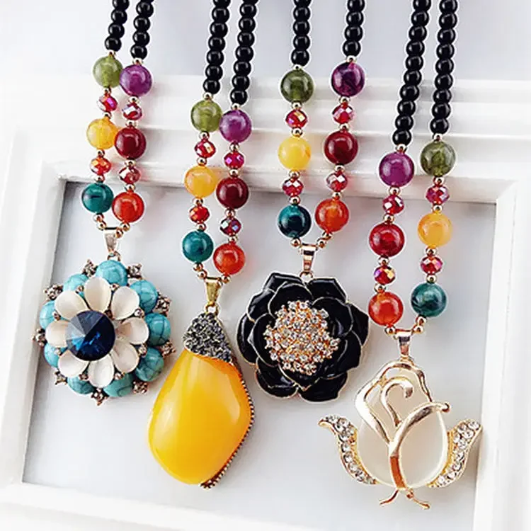 free shipping Korean sweater chain necklace Bodhi vintage clothes ornaments colorful beads ethnic style pendant women catholic