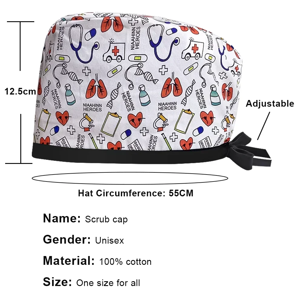 여성 남성 헤드 스크럽 캡 치과 의사 요리사를위한 100% 코튼 소프트 프린트 외과 모자 간호 모자 작업 위생 치과 외과 의사