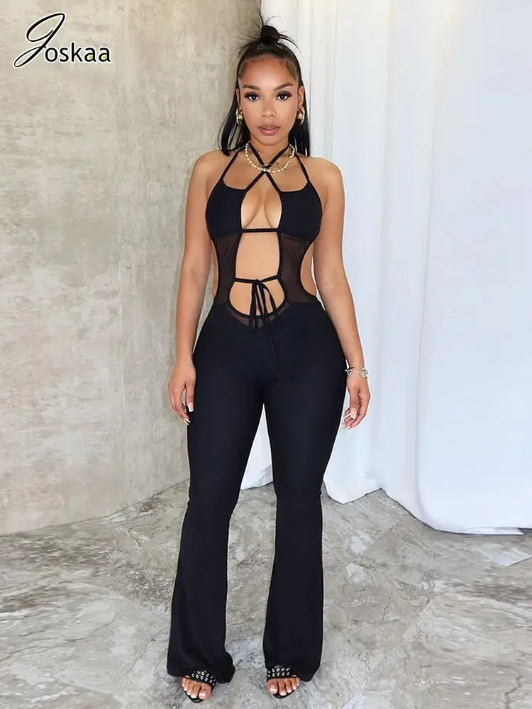 Joskaa Mesh Patchwork Cutout Black Jumpsuits Women Sexy Deep V-Neck Backless Skinny One Piece Overalls 2024 Nightclub Outfits