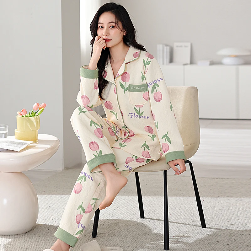 Three Layers Cotton Interlayer Homewear Winter Flowers Pajamas Set Women Lounge Set Pyjamas Sleepwear Nightwear Pijamas Mujer