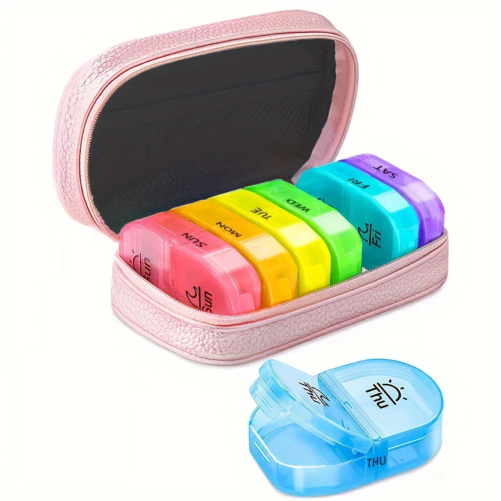 

Cute Pill Organizer 2 Times a Day, PU Leather Pill Case, Portable Weekly Pill Box for Purse with Storage Bag to Hold