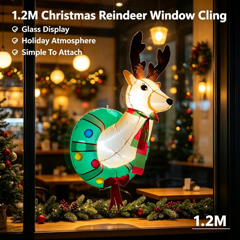 4FT Christmas Inflatable Scarf Reindeer Wreath Model Built-in LED Lights Indoor Outdoor Garden Yard Party Window Decoration Prop