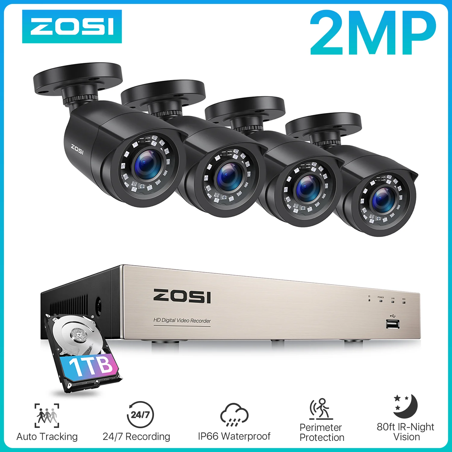 ZOSI 실외 CCTV 시스템, 유선 보안 캠, 주간 야간 비디오 감시 시스템, 5MP 라이트 비디오 DVR, 2 개, 4 개, 6 개, 8 개, 2MP, 8CH, 1080P 