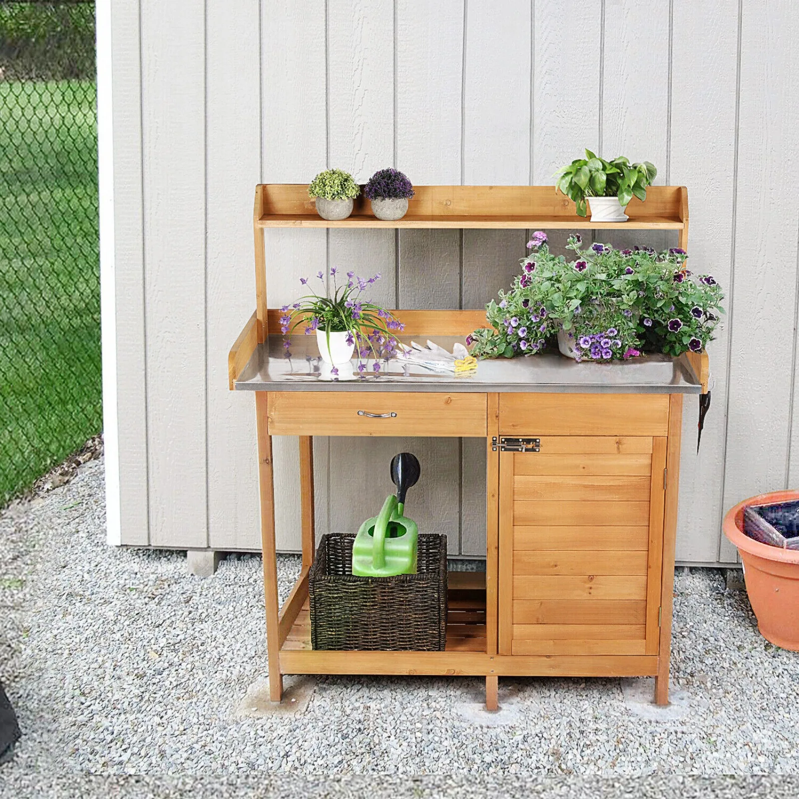 

US Garden Potted Bench Outdoor Workbench Workstation Rack Natural Wood -