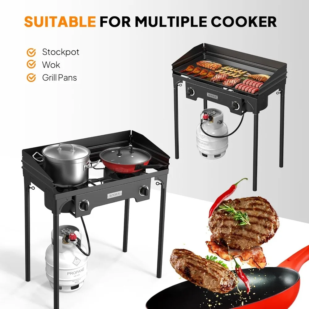 เตาแก๊สโพรเพนกลางแจ้ง 2 หัวพร้อมตัวควบคุม, แผงบังลมและกระเป๋าถือ, หม้อหุงข้าวทรงพลัง 150,000 BTU