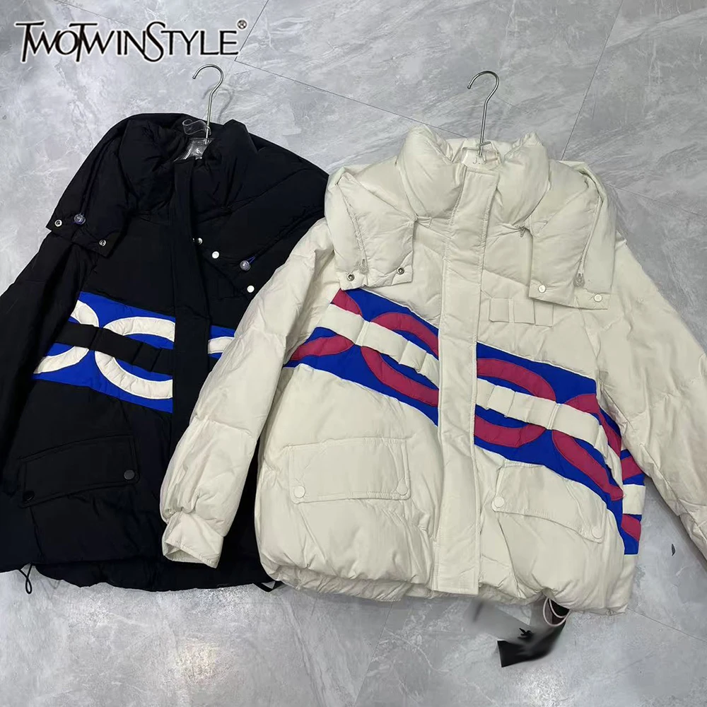 

TWOTWINSTYLE Designer Printing Warm Jackets For Women Hooded Long Sleeve Spliced Zipper Winter Commute Jacket Female KJA551389