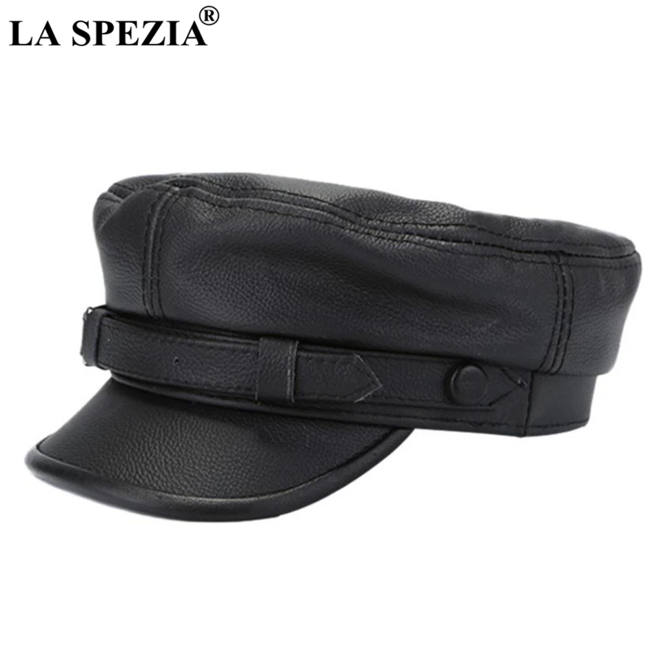 LA SPEZIA Brown Military Captains Hat Men Genuine Cow Leather Newsboy Cap Flat Women Autumn Winter Luxury Designer Sailor Caps