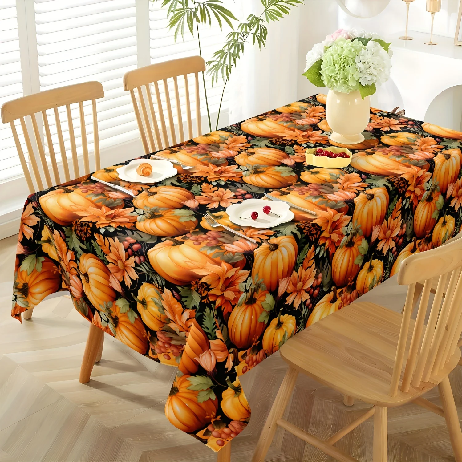 A round Thanksgiving tablecloth - featuring a design of country-style pumpkins, sunflowers and berrieszyc