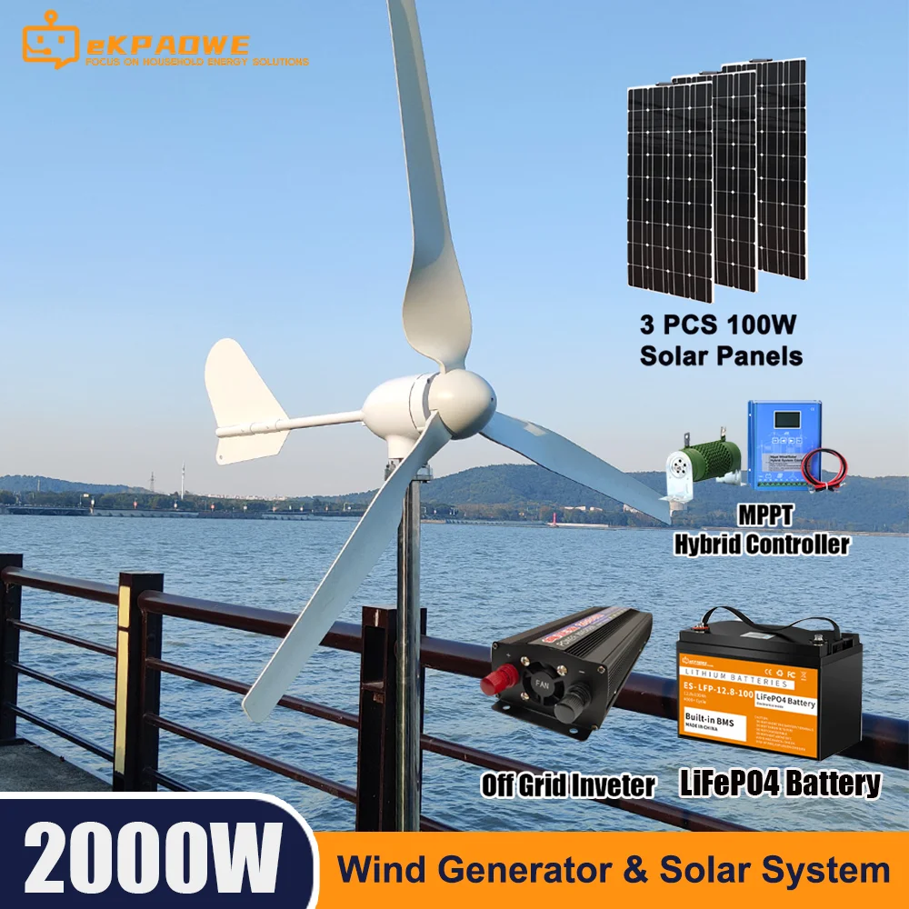 Poland 2000W Wind Turbine Generator 24V Home Free Energy System Kit With Solar Panels 220V Inverter Lifepo4 Battery Complete Kit