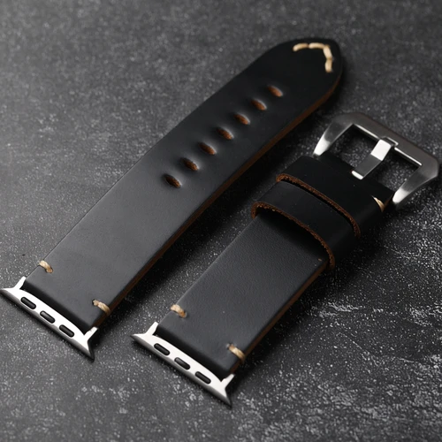 Imagen 2 del producto Correa de piel de vaca de capa superior de alta gama, compatible con Apple Watch 49MM 45MM 44MM 42MM 41MM correa de cuero gruesa negra, estilo retro Ul