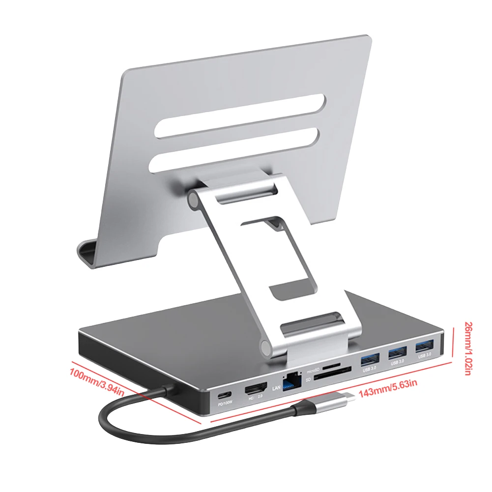 

Док-станция из алюминиевого сплава 9/8in1 HD 4K60HZ USB3.0X3 Type-C SD TF Slot Аудиопорт Гигабитный Ethernet 5 Гбит/с Подставка для ноутбука