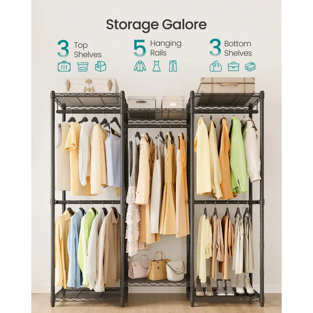 

Прочная вешалка для одежды, портативный шкаф-гардероб, широкая вешалка для одежды шириной 56,9 дюймов, с регулируемыми сетчатыми полками и крючками для подвешивания.