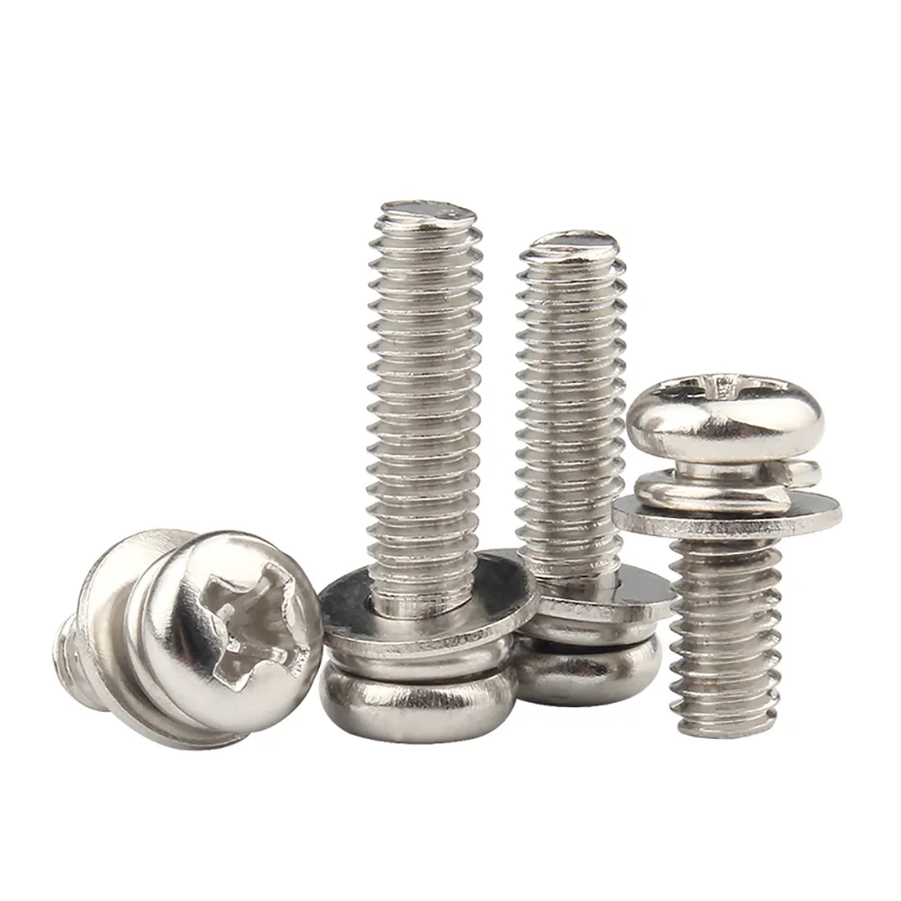 Phillips Pan Head Combination Screws M6 M8 M10 304 Stainless Steel Cross Recessed Round Head Screws With Integrated Washer