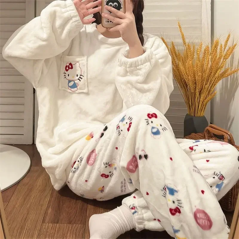 Hello Kitty Long Sleeved Pajamas Women Plush Pajamas Suit Winter Thickened Comfortable Printing Girl Cute Warm Household Clothes