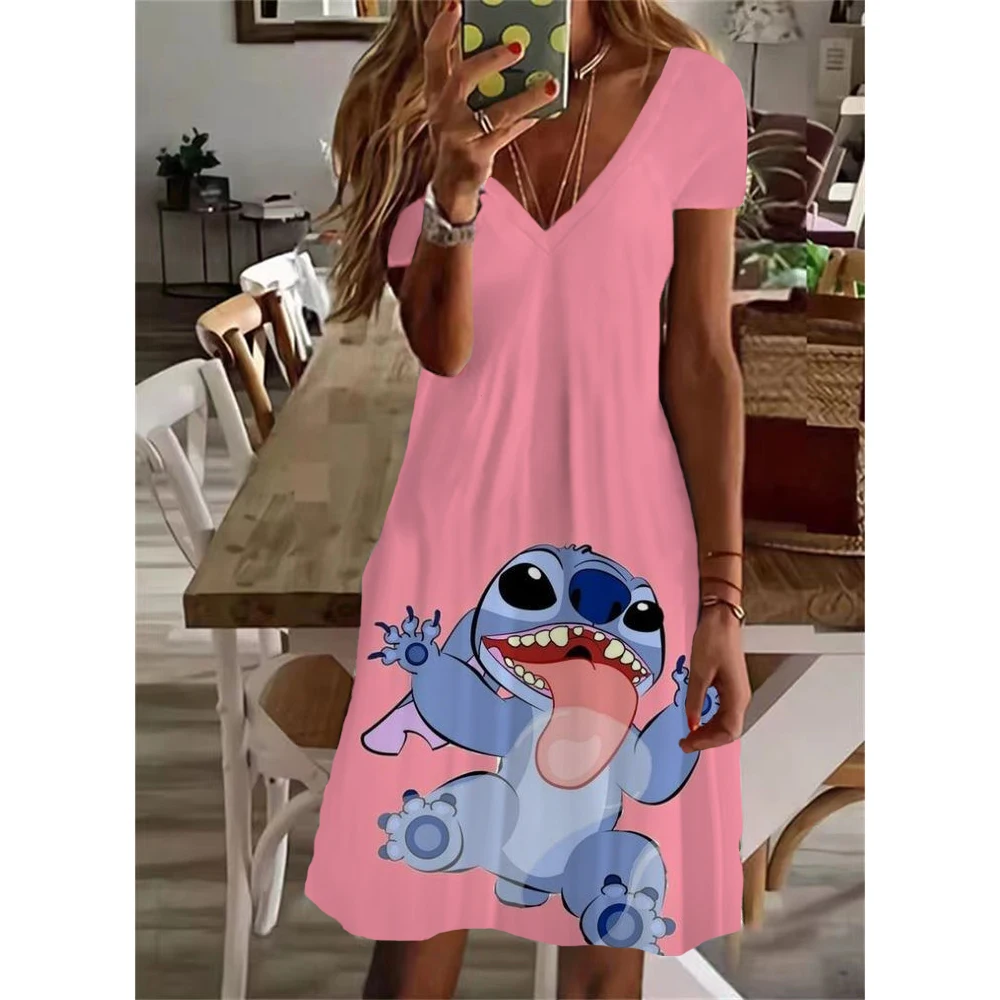 2024 Summer Women\'s Disney\'s Lilo & Stitch Print Dress Knee Length V Neck Female Casual Elegant Dress Fashionable Design New Y2K