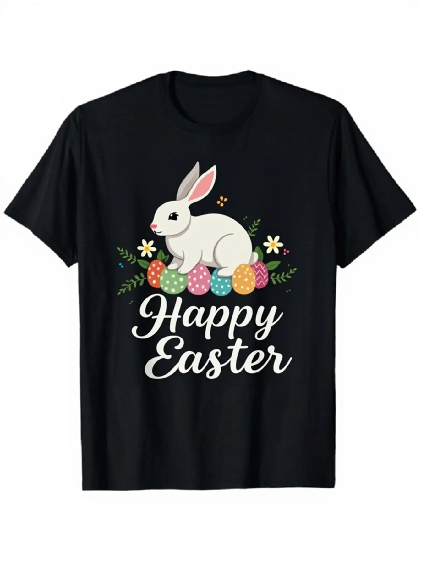 

Happy Easter Bunny T Shirt Cute Rabbit Floral Graphic Tee Casual Holiday Party Tops Black Unisex Casual Festive Event Outfit