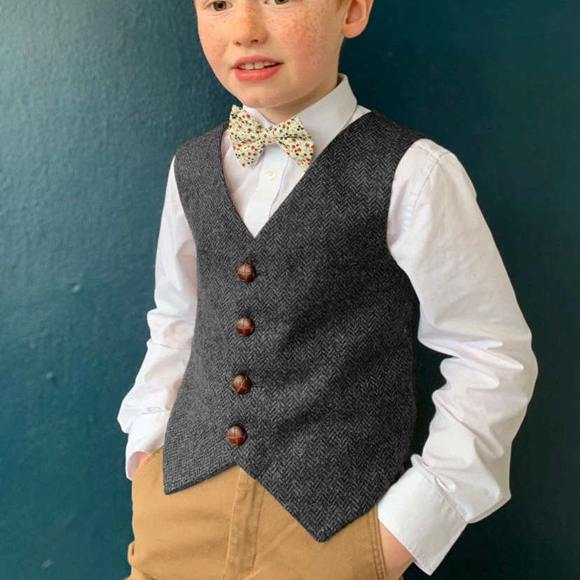 Gilet en tweed à chevrons pour garçons, col en V, simple boutonnage, gilet imbibé pour mariage, robe formelle pour enfants, gilet décontracté pour enfants