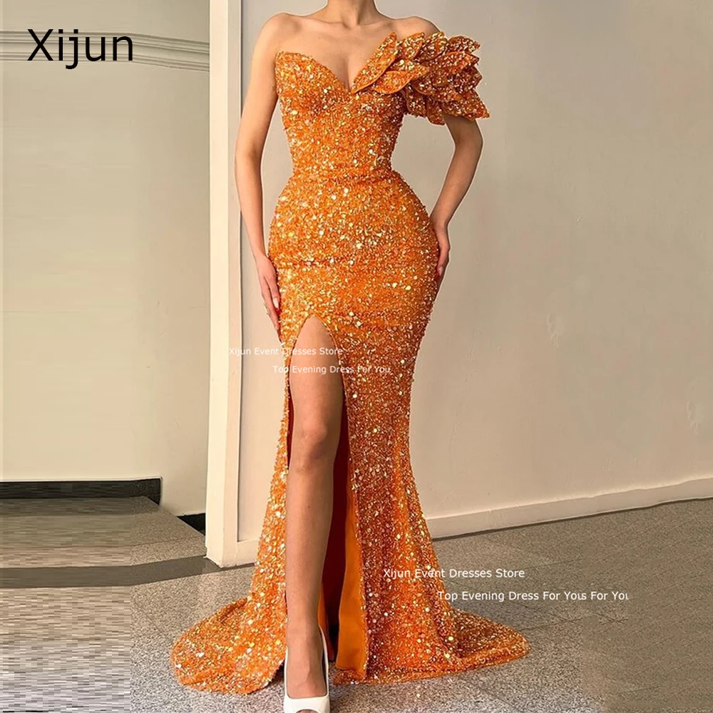 

Xijun Orange Sequined Evening Dresses Mermaid V-Neck Pleats Prom Dresses Formal Occasion Prom Gowns Glitter Vestidos De Fiesta