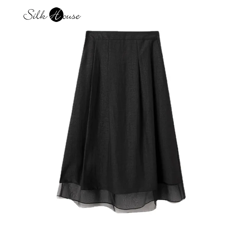 

100% Natural Mulberry Silk Turtle Crack Gambiered Guangdong Gauze Black Pocket Design Elastic Waist Women's Fashionable Skirt