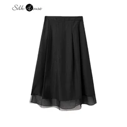 100% Natural Mulberry Silk Turtle Crack Gambiered Guangdong Gauze Black Pocket Design Elastic Waist Women's Fashionable Skirt