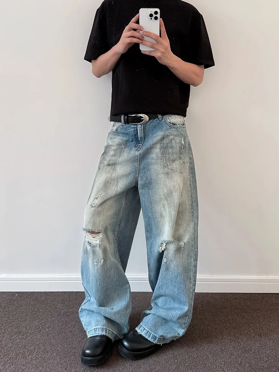 

Американские джинсы в стиле ретро, мужские модные джинсы Cleanfit, прямые широкие длинные брюки, потертые джинсовые повседневные брюки для отдыха