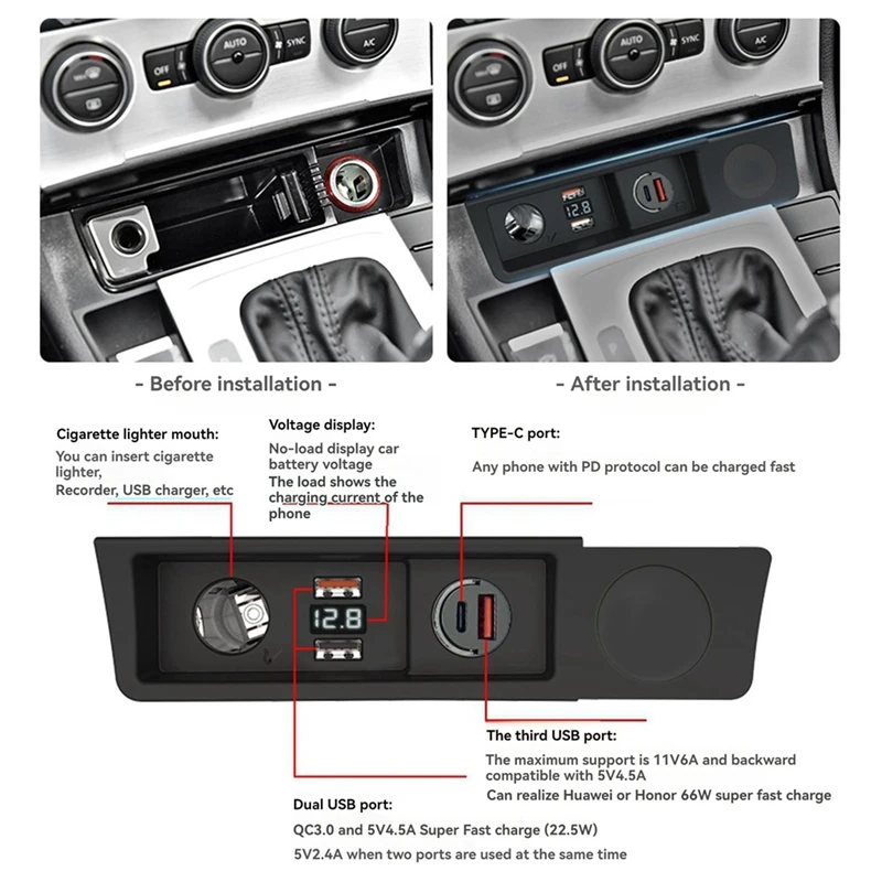 Car Charger For Passat B6 B7 CC R36 Cigarette Lighter Splitter USB Fast Charging 3A2C Type C