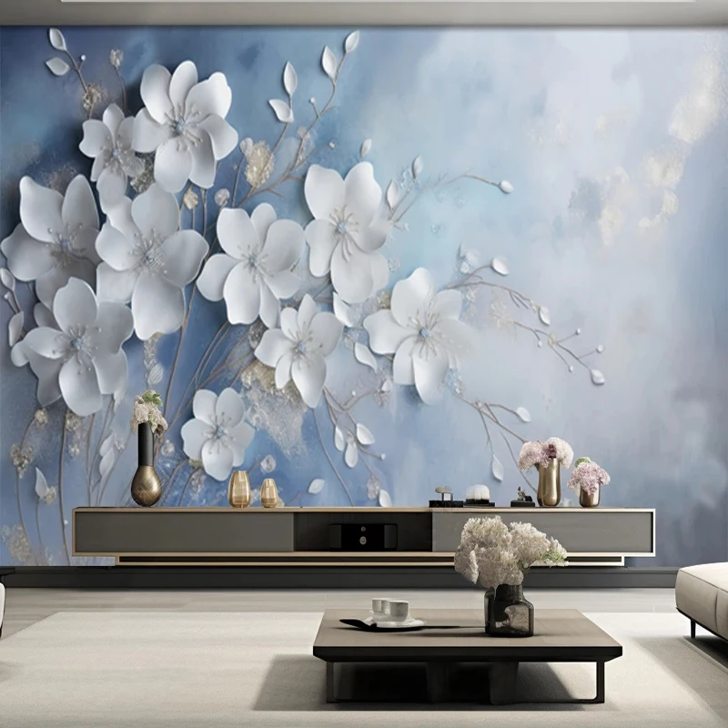 Custom Modern Light Luxury Relief Blue Flowers European Style 3D Stereoscopic Embossed Rose TV Background Decor Wallpaper Flower