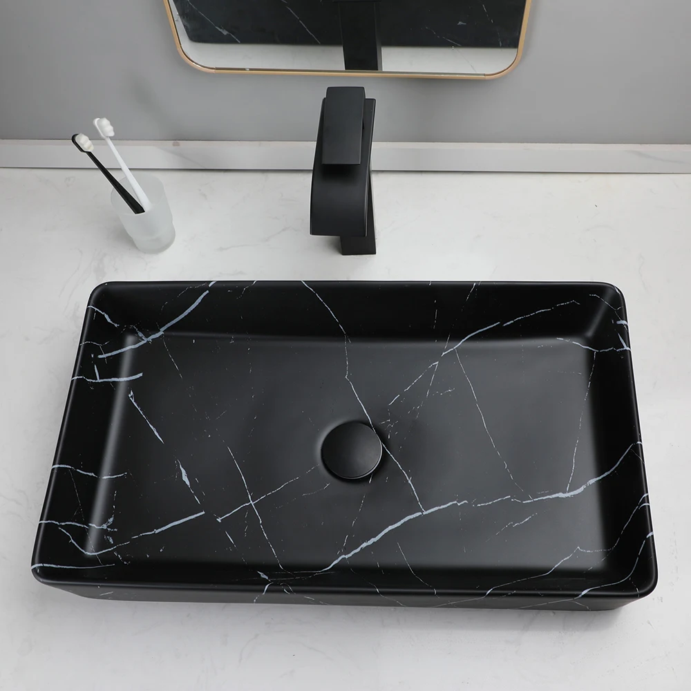 YANKSMART Ceramic Rectangular Bathroom Basin Vanity Counter Top Large Vessel Sink with Black Waterfall Faucet & Pop-up Drain Set
